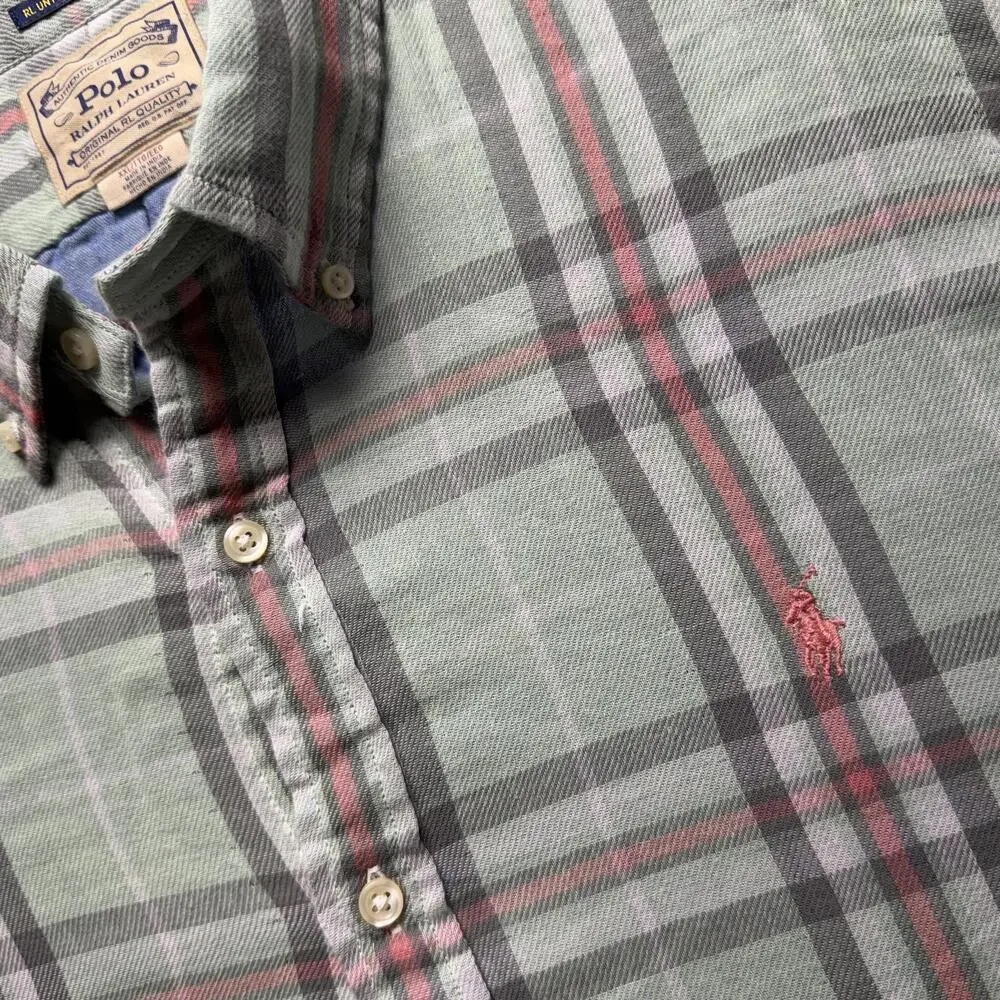 Polo Ralph Lauren Shirt Mens 2XL Green Plaid Classic Un tucked Button Up